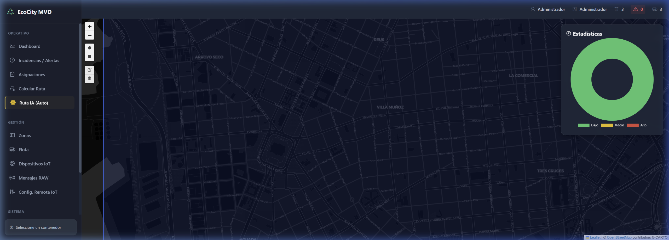 Plataforma SensorCity — mapa en tiempo real de Montevideo con contenedores IoT